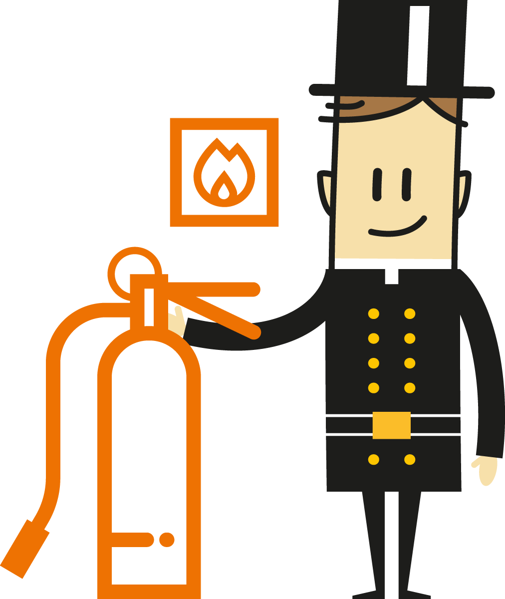 Eine gezeichnete Person lächelt in Uniform und zeigt auf einen Feuerlöscher, Symbol im Hintergrund.