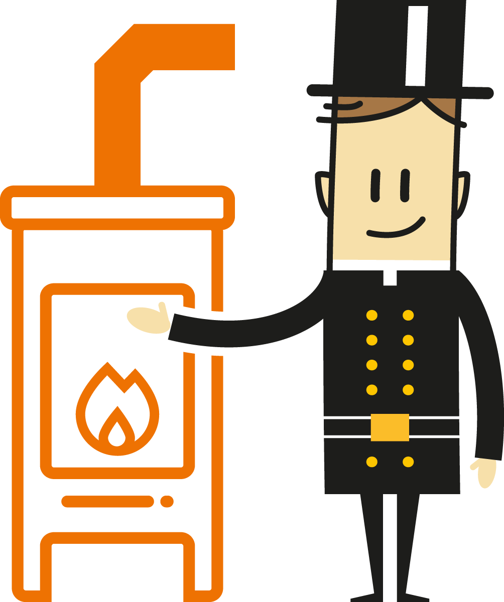 Ein Schornsteinfeger lächelt neben einem Ofen, trägt schwarze Uniform mit goldenen Knöpfen.