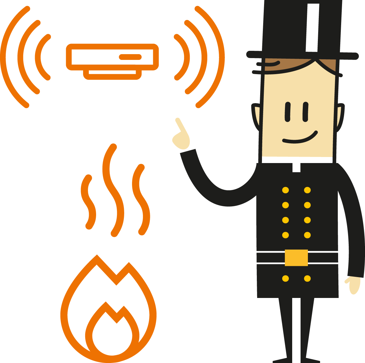 Ein Schornsteinfeger zeigt lächelnd auf einen Rauchmelder über einem Feuer.
