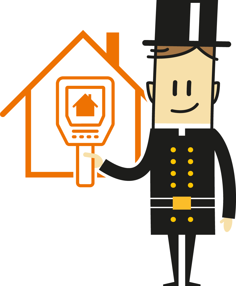 Ein Cartoon-Schornsteinfeger lächelt mit schwarzem Anzug und Zylinder, hält Gerät mit Haus-Symbol.